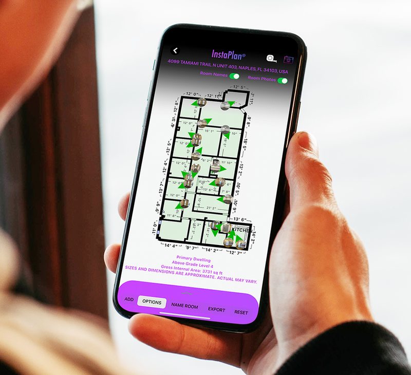 InstaPlan iPhone app interface scanning a room with LiDAR to build a floor plan